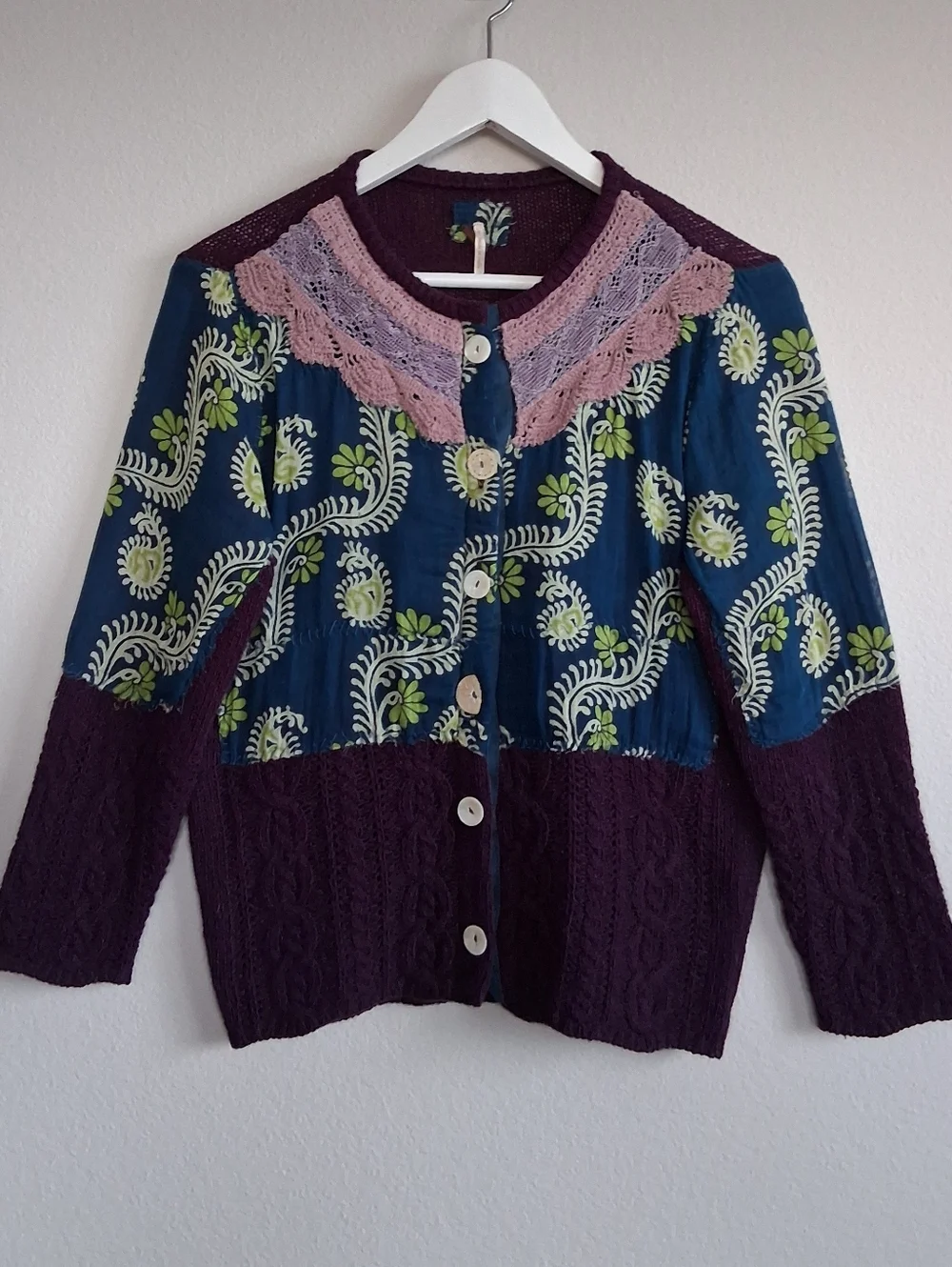 Vintage Free People Mix Media Knit Cardigan Patchwork Lace ASO Marissa Cooper OC